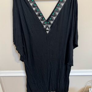 Black V-Neck Swim Coverup with Embellished Trim